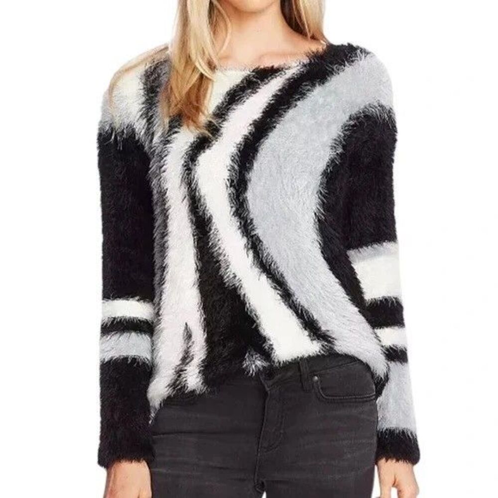 VINCE CAMUTO Abstract Stripe Eyelash Sweater L Black White Fuzzy Stretch NWT B34